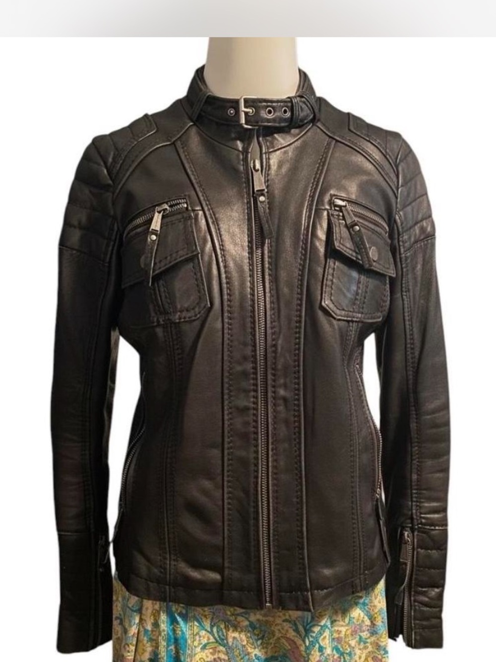 Michael Kors Black Leather Moto Jacket with Buckle Collar